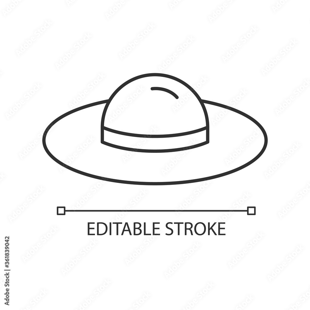 Female hat linear icon. Woman cap with ribbon. Summer vintage accessory for sun protection. Thin line customizable illustration. Contour symbol. Vector isolated outline drawing. Editable stroke Female hat linear icon. Woman cap with ribbon. Summer vintage accessory for sun protection. Thin line customizable illustration. Contour symbol. Vector isolated outline drawing. Editable stroke