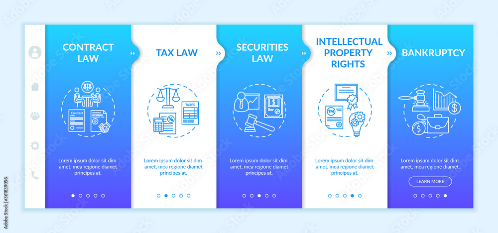 Attorney core competencies onboarding vector template. Intellectual property rights. Lawyer. Responsive mobile website with icons. Webpage walkthrough step screens. RGB color concept