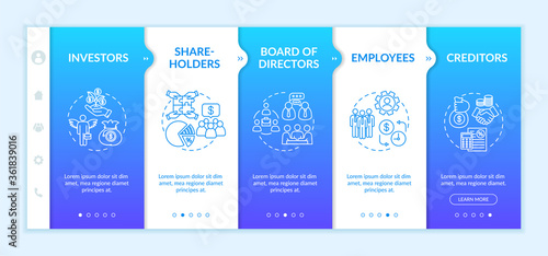 Corporate players onboarding vector template. Board of directors and investors. Employees. Responsive mobile website with icons. Webpage walkthrough step screens. RGB color concept