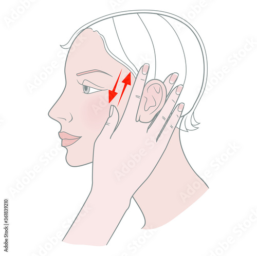 Self ear massage, acupuncture. Female head profile. Vector. Isolated on white background.
