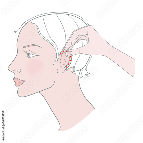 Self ear massage, acupuncture. Female head profile. Vector. Isolated on white background.