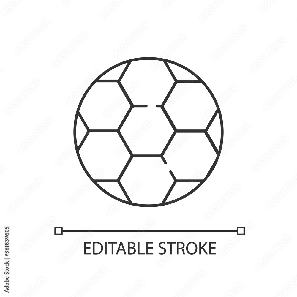 Soccer ball linear icon. Play football with team. Sport game gear. Kick to score goal. Thin line customizable illustration. Contour symbol. Vector isolated outline drawing. Editable stroke Soccer ball linear icon. Play football with team. Sport game gear. Kick to score goal. Thin line customizable illustration. Contour symbol. Vector isolated outline drawing. Editable stroke
