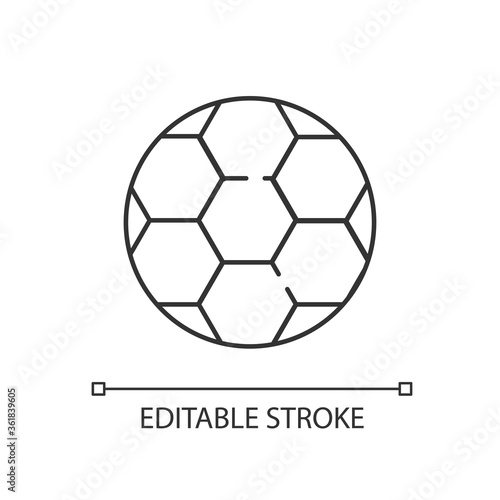 Soccer ball linear icon. Play football with team. Sport game gear. Kick to score goal. Thin line customizable illustration. Contour symbol. Vector isolated outline drawing. Editable stroke