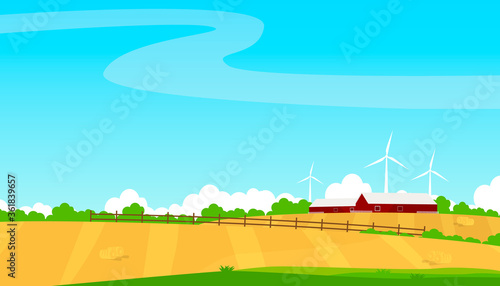 Agriculture Wheat Field Farm Rural Nature Scene Landscape Illustration. Farm life. Plowed fields. Farm banner for business and online sites.