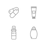 Personal care linear icons set. Pharmaceutical products. Vitamin prescription. Medication for sickness. Customizable thin line contour symbols. Isolated vector outline illustrations. Editable stroke
