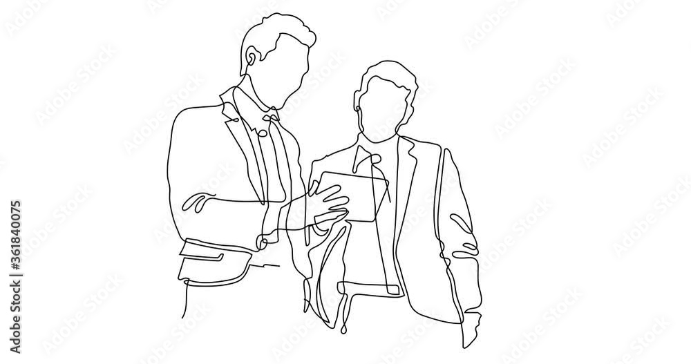 Two corporate modern business men standing & working at tablet as a team. One single line stroke illustration drawing outline animation. Whiteboard doodle style. Black line drawn on white Two corporate modern business men standing & working at tablet as a team. One single line stroke illustration drawing outline animation. Whiteboard doodle style. Black line drawn on white