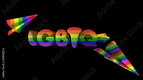 LGBTQ inscription in flag colors of the symbol of the movement for tolerance and equality on a black background 3d rendering