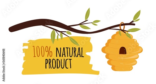 Natural honey label isolated on white background with beehive and branch. Vector illustration with text