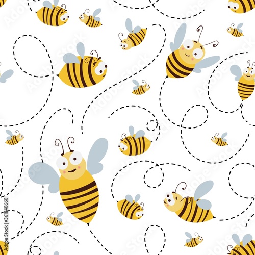 Seamless vector pattern with cute cartoon flying bees and dotted route. Illustration for print, product, fabric design
