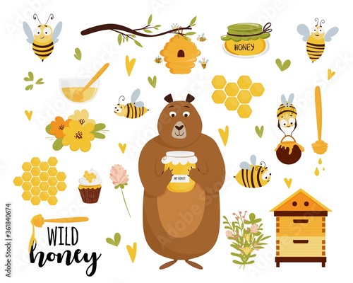 Honey and beekeeping vector set: honey jars, beehive, flowers, honeycomb, cute flying bees, decorative elements, bear holding jar, and lettering. Vector illustration