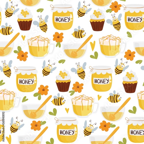 Seamless vector pattern with honey jar, drink, bee, cupcakes, flower elements. Illustration for print, product, fabric design