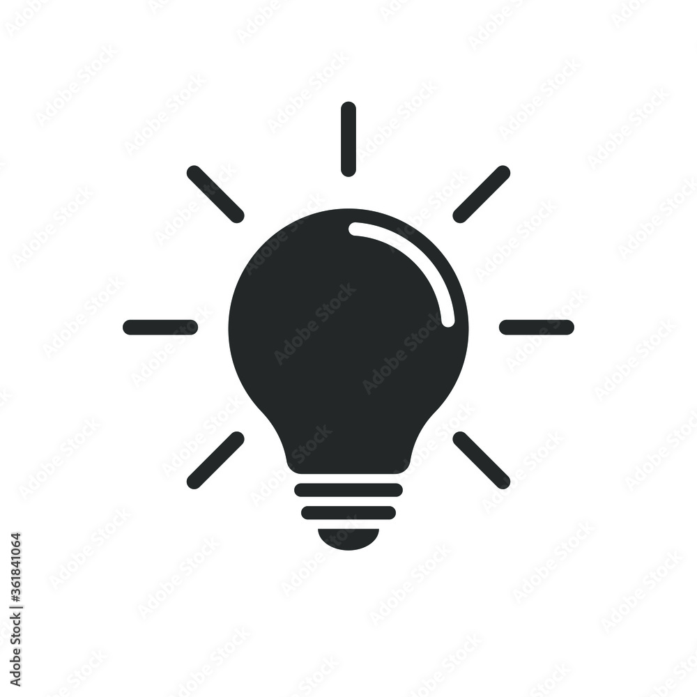 Light bulb icon. Incandescent lamp symbol. Idea and innovation sign. Creative energy or inspiration logo. Black silhouette. Isolated on white background. Vector illustration image. Light bulb icon. Incandescent lamp symbol. Idea and innovation sign. Creative energy or inspiration logo. Black silhouette. Isolated on white background. Vector illustration image.