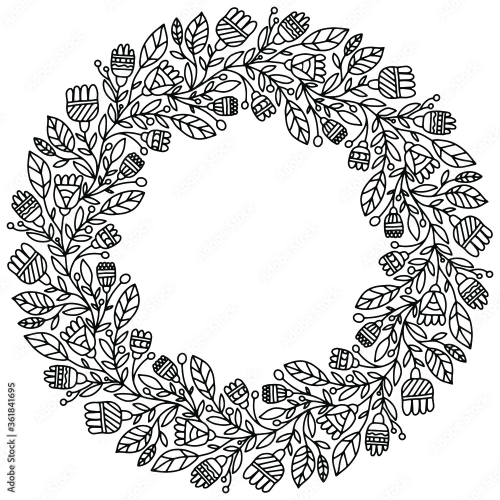 wreath with flowers in folk style drawn on a white background for coloring, vector