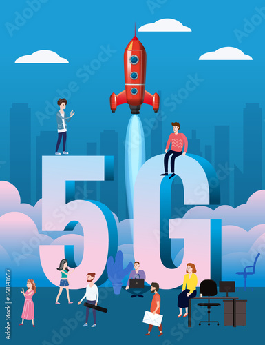 5G internet new mobile wireless technology wifi connection. Start rocket tine people city letters 5g