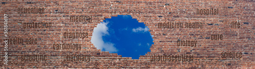 image of a brick wall fragment and blue sky behind a brick wall