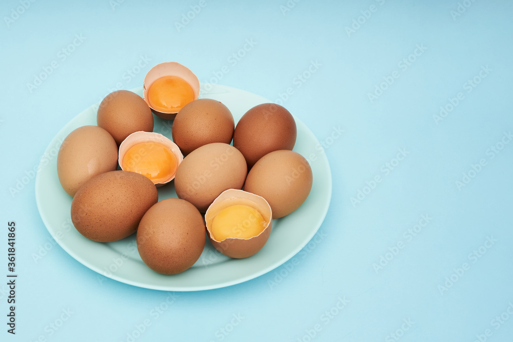 Chicken eggs on a saucer, a plate. Food, protein in foods. Chicken eggs on a saucer, a plate. Food, protein in foods.