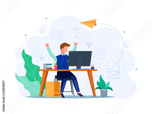Student happy look exam result in the computer. e-learning concept. Business worker success managing his business. Male with computer illustration concept. Vector