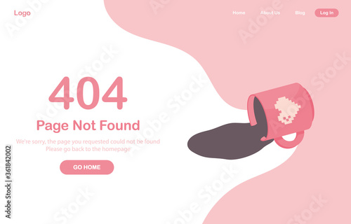 Vector illustration 404 error page not found banner. System error, broken page. Spilled cup of tea or coffee, drink, beverage. Mug with a heart. For website. Web Template. Pink. Eps 10