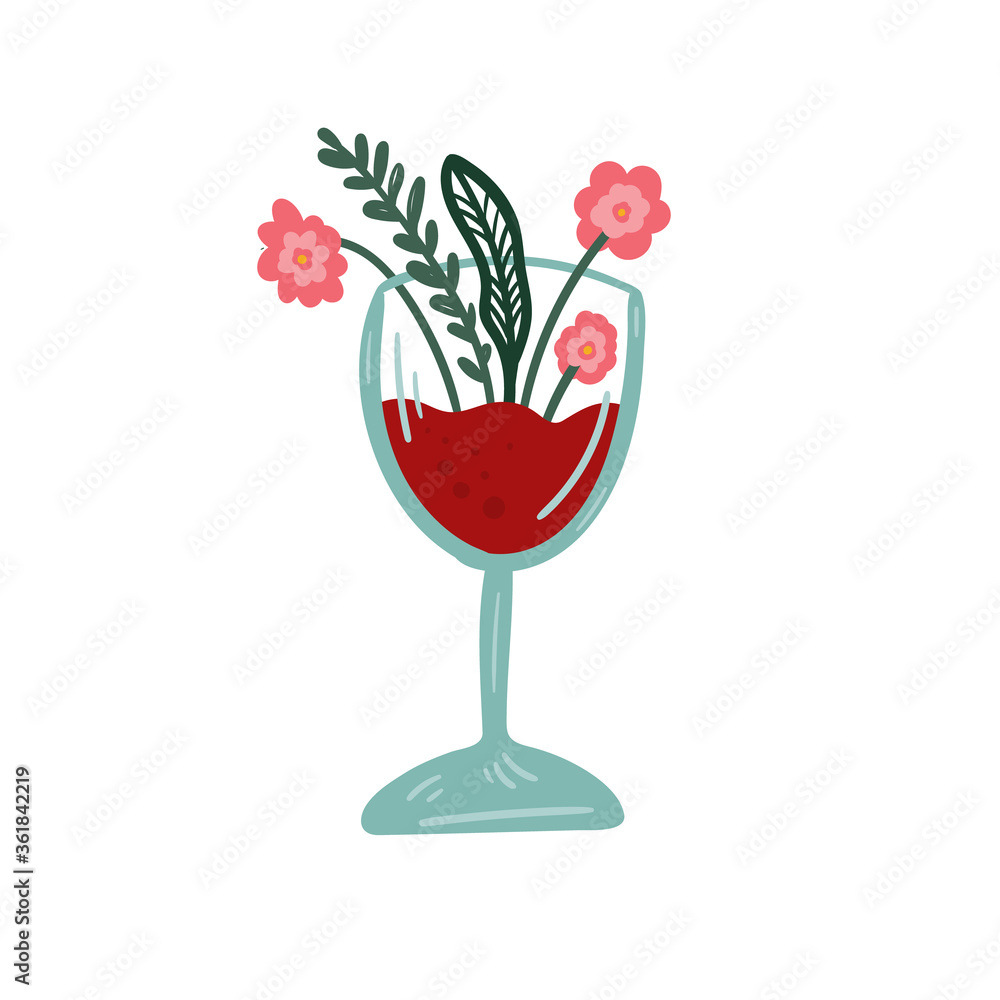 Glass of red wine. Isolated Vector illustration. Funny colored typography poster, apparel print design. Scandinavian nordic design for bar or interior or cover or textile or background. Glass of red wine. Isolated Vector illustration. Funny colored typography poster, apparel print design. Scandinavian nordic design for bar or interior or cover or textile or background.