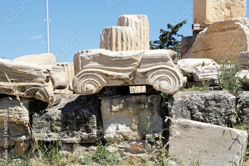 Greece, Athens, June 18 2020 - Pieces of marble  at the archaeological site of Acropolis hill. photo