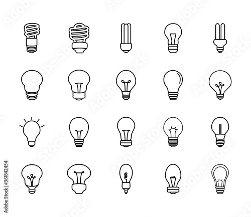 twisted lightbulbs and lightbulbs icon set, line style