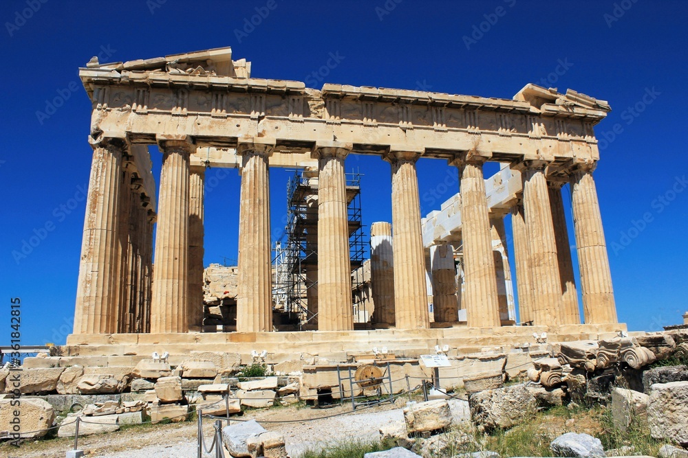 Greece, Athens, June 18 2020 - View of Parthenon temple at the archaeological site of Acropolis hill.