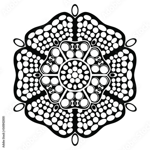 Round geometrical floral mandala. Black and white silhouette. Stylized dotted flower with six petals.
