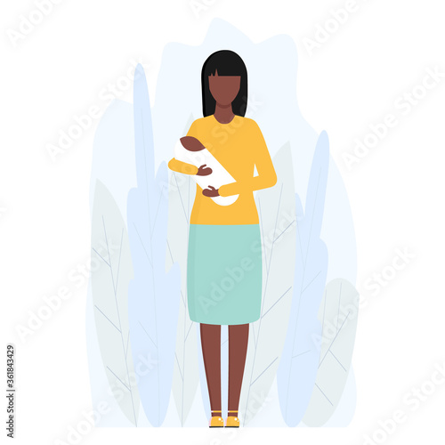 Mother with little child vector isolated on white. Single african woman holding her child on hand. Young american girl alone with a baby illustration in flat style. 