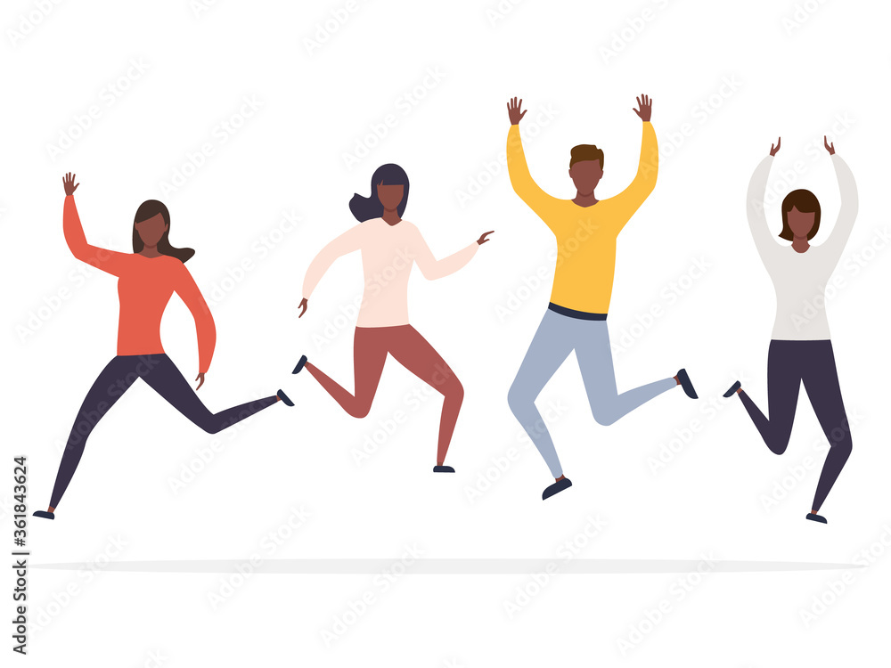 Group of happy jumping african man and women with raised hands vector illustration isolated on white background. Young american coworkers team celebrating victory and success.