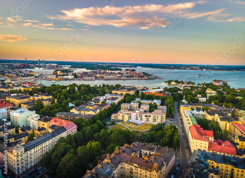 Aerial sunset view of Helsinki in Summer time, Finland
