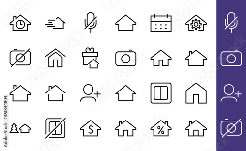 Simple set of line vector home icons. Contains house symbols at interest, infuse house and more. Editable stroke. 480x480 pixels perfect