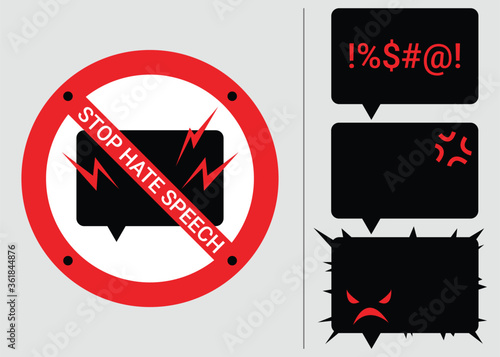 Set 4 prohibition signs of stop hate speech. Protest symbols. Isolated icons of stop social negative word concept. Vector illustration for warning issue, announcement and social media content