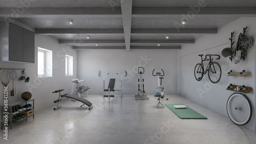 Private hotel home gym in basement showcase. Light sport room with gym equipment storage rendering photo