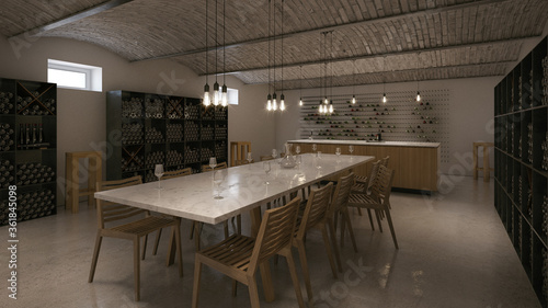 Interior of a modern wine bar room in basement showcase. In industrial style with big luxury table and wooden chairs 3D render photo