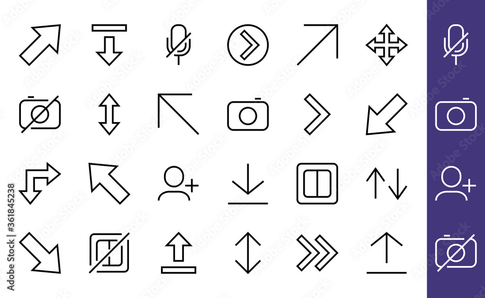 Set of line arrows, directions, arrows, contains icons such as pause, continuation, directly, to the right, Editable stroke. 480x480, On a white background, Vector illustration Set of line arrows, directions, arrows, contains icons such as pause, continuation, directly, to the right, Editable stroke. 480x480, On a white background, Vector illustration