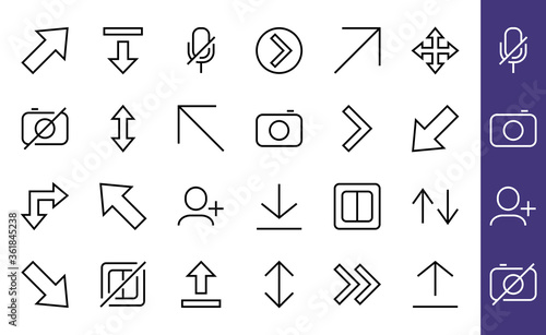 Set of line arrows, directions, arrows, contains icons such as pause, continuation, directly, to the right, Editable stroke. 480x480, On a white background, Vector illustration