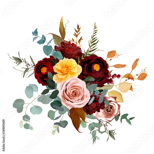Mustard yellow and dusty pink rose, burgundy red dahlia, emerald green and teal blue eucalyptus