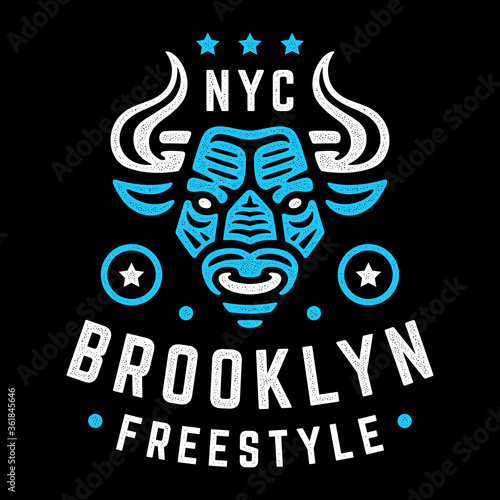 Angry bull. Retro blue poster. Vintage design for t-shirt. Urban.