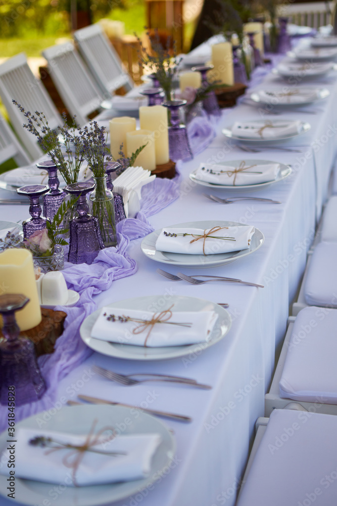 Fototapeta premium Table set for wedding or another catered event dinner.