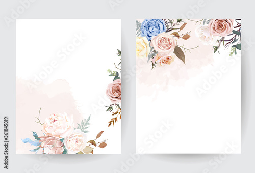 Desert dusty brown and yellow rose, beige peony, pastel pink protea, blue ranunculus
