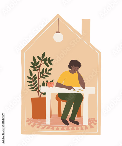 Cartoon sad human counts his money from piggy piggy bank at a desk. Concept of Bankruptcy and unemployment becouse economic recession. Man or woman is thinking about finances. Flat vector illustration