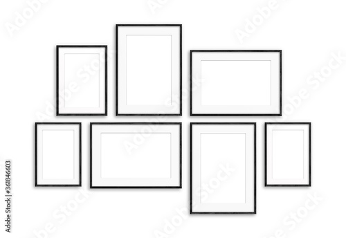 Black wooden photo frames set isolated on white background, seven realistic frameworks, interior decor mock up