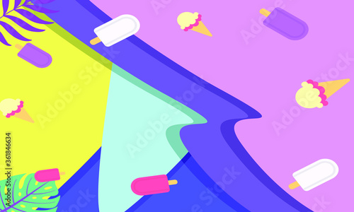 Trendy Abstract Summer tropical covers background with ice cream and ice with leaf, modern vivid and vibrant spring  wallpaper for poster,cards,web,book,social media and ads.Vector.