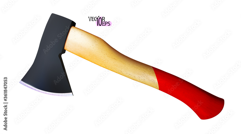 Axe lumberjack or carpentry realistic with wooden red handle isolated on white background, metal black head. Woodworking or tool. Vector illustration. Axe lumberjack or carpentry realistic with wooden red handle isolated on white background, metal black head. Woodworking or tool. Vector illustration.