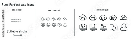 Cloud storage icons. Web file transfer and data security concept linear pictograms set. Pixel perfect 48x48, 144x144 and 288x288 editable stroke vector illustrations for ui, web and mobile development