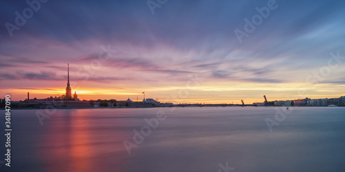 Peter and Paul fortress and divorced bridges at sunrise in Saint Petersburg, Russia