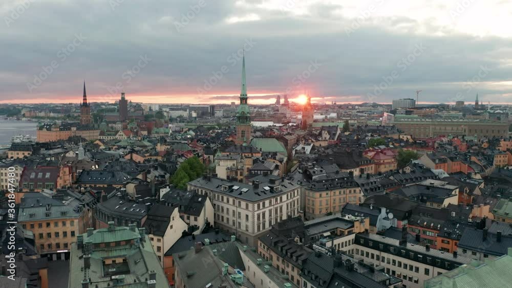 Aerial view flying over Old Town in Stockholm City Aerial view flying over Old Town in Stockholm City