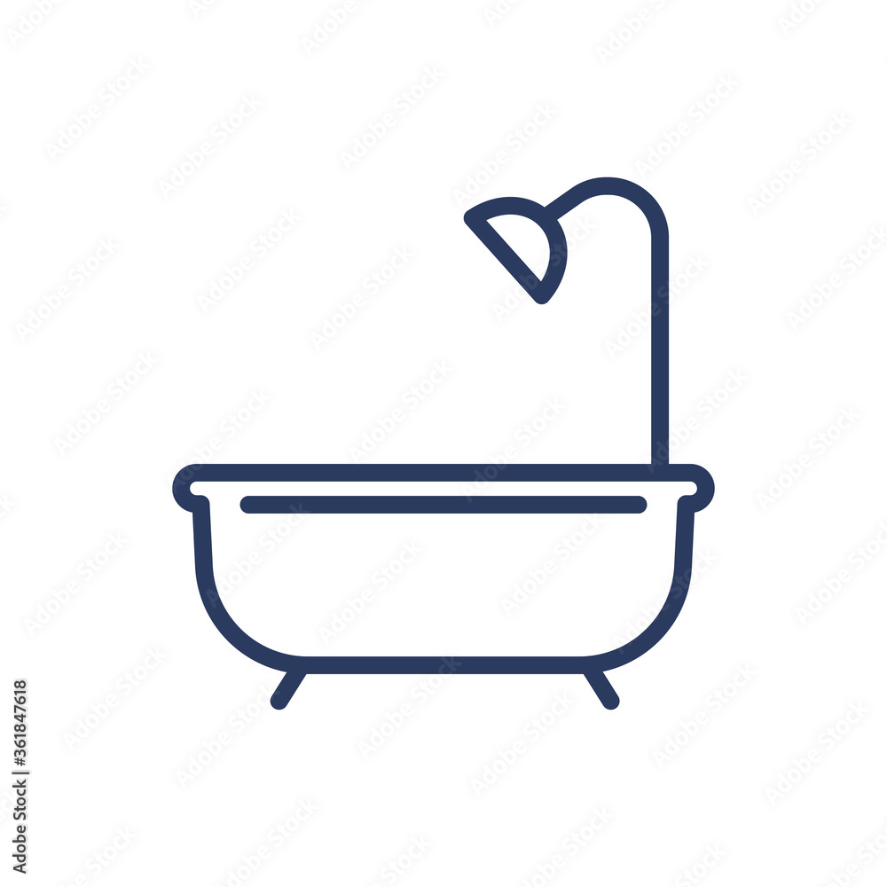 Bath tube thin line icon. Bathroom, shower, restroom isolated outline sign. Home interior, plumbing, morning concept. Vector illustration symbol element for web design and apps Bath tube thin line icon. Bathroom, shower, restroom isolated outline sign. Home interior, plumbing, morning concept. Vector illustration symbol element for web design and apps