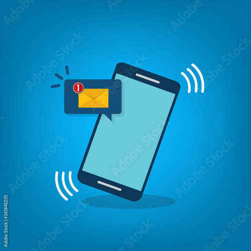 Smartphone with notification sms on screen.Alert of new message mail on mobile phone. Unread sms message on screen of cellphone. Reminder inbox notice.Flat design vector.