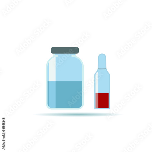 Glass Medical Vials With Drug Solution. Set of transparent glass ampoules, vector illustration Vaccine (medicine) for virus flat icon vector. bottle with vaccine, virus antidote.. eps 10